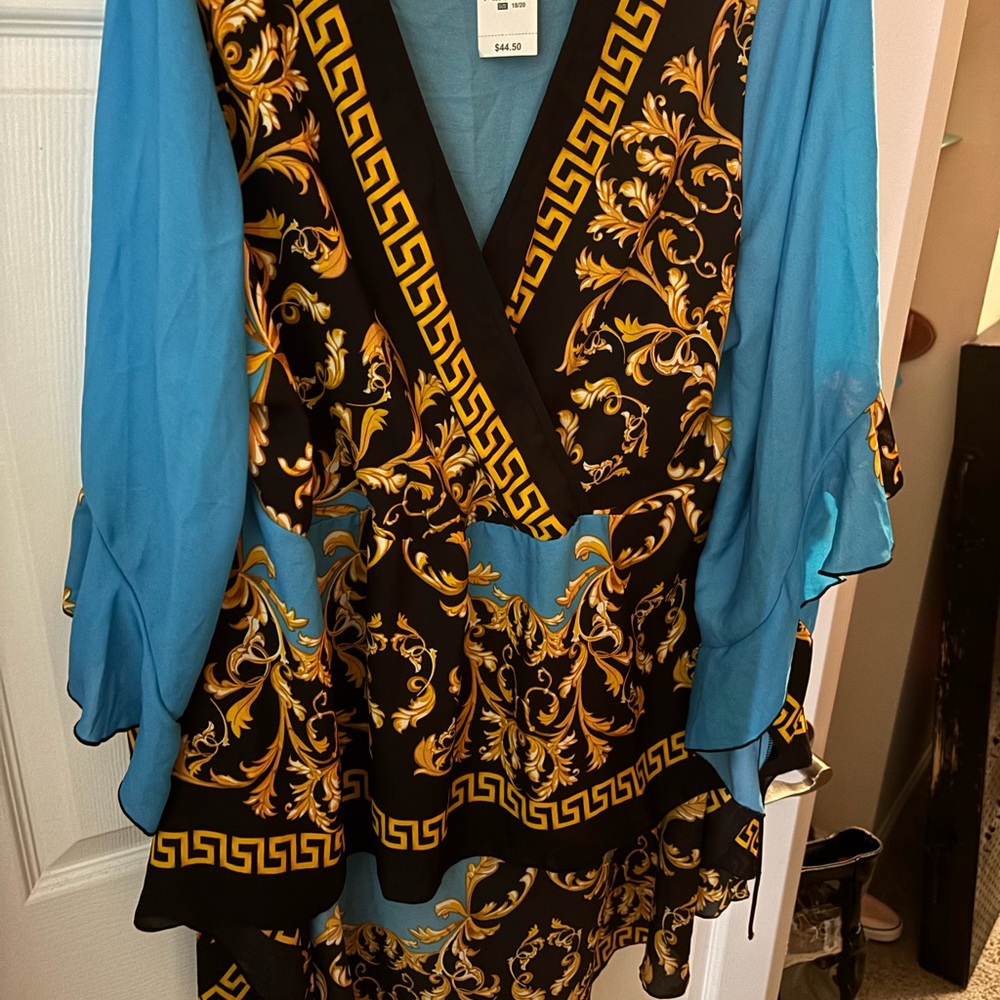 Ashley Stewart Blue and Black Asymmetrical 3/4 Sleeve Blouse